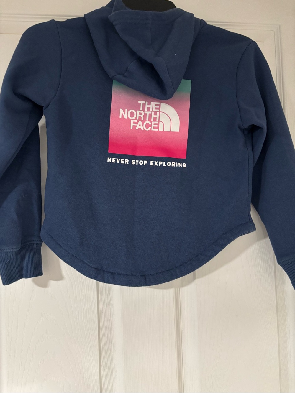 The North Face Kids Navy Hoodie with Pink-Teal Gradient Logo